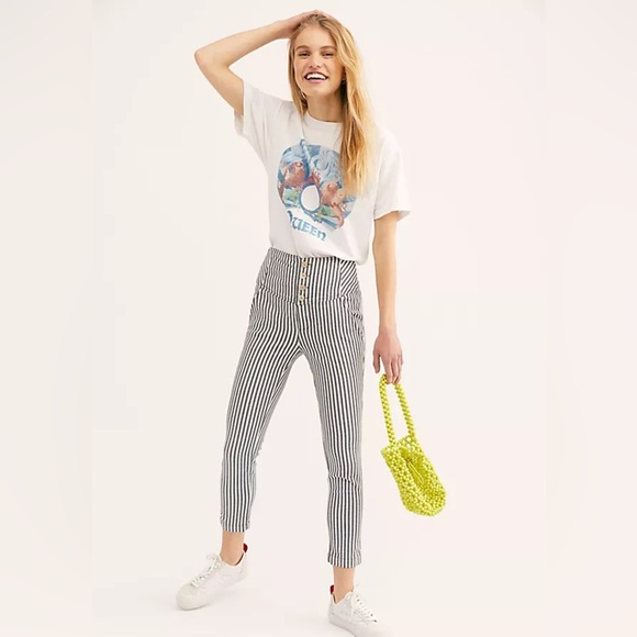 Free People Pants Womens 8 Frankie High Rise Cropped Button Fly Striped Nautical - Picture 1 of 7